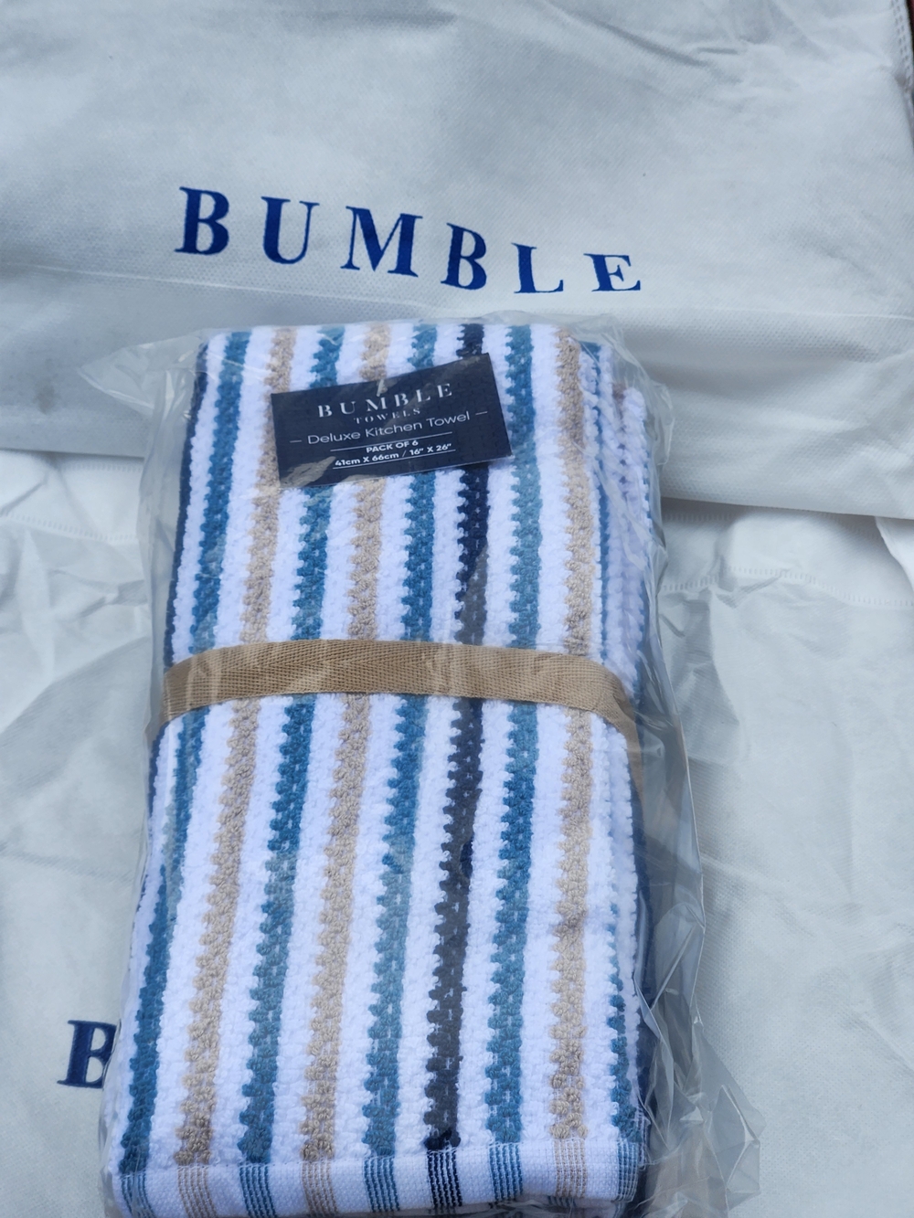 Bumble 6-Pack Kitchen Towels in White, Teal & Tan Mix NIP